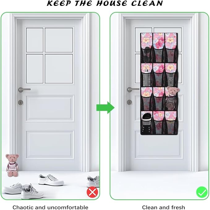 Space Saving Hanging Shoe Organizer,Entryway Bedroom Bathroom Storage Bags with 12 Mesh Large Pockets Waterproof Reusable,Tropical Flower Pink