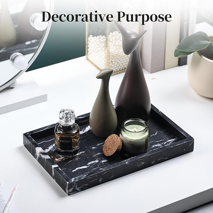 YMXYJM Real Natural Marble Tray for Bathroom, Genuine Marble Stone Vanity Tray, Luxury Storage Trays for Kitchen, Vanity, Home Decor, Dresser, Non-Resin/Non-Ceramic, 12"x 8"x 1.2", Black
