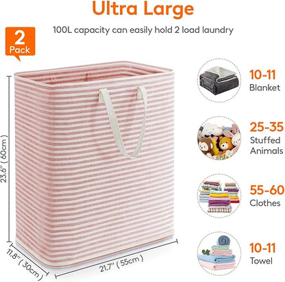 Lifewit 2 Pack Laundry Basket 100L Each, Collapsible Clothes Hamper with Reinforced Handles, Freestanding Waterproof Design for Bedroom and Laundry Room, Grey&Pink 200L Total