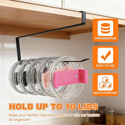 Horizontal Tumbler Lid Holder, Under-Cabinet Storage Hook Organizes Up to 10 Lids, Space-Saving Cup Lid Rack for Kitchen, Also Functions as a Hanging Paper Towel Dispenser