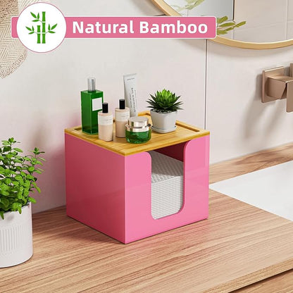 VITVITI Disposable Face Towel Holder Box, Acrylic Facial Towel Container for XL Clean Skin Club, Large Disposable Face Towels Storage with Bamboo Lid, for Bathroom, Vanity Makeup, Pink