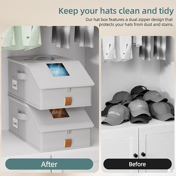 FHSQX 3PCS Hat Organizer for Baseball Caps Stackable Storage Bins With Clear Window Lid Holds Up To 36 Caps Space-Saving Hat Boxes for Closet (Light Grey, (17.7 * 9.1 * 7.1in)*3)