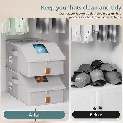 FHSQX 3PCS Hat Organizer for Baseball Caps Stackable Storage Bins With Clear Window Lid Holds Up To 36 Caps Space-Saving Hat Boxes for Closet (Light Grey, (17.7 * 9.1 * 7.1in)*3)
