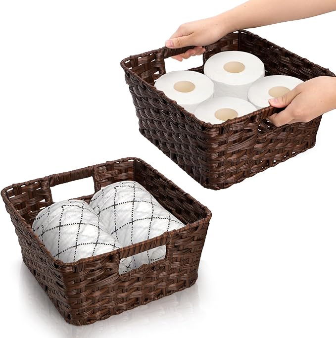 2 Pack Woven Storage Baskets, Large Poly Wicker Organizer Bins for Shelves, Plastic Waterproof Organizing Cube Container, Storage Boxes with Handle for Closet Pantry,12" x 12" x 6"