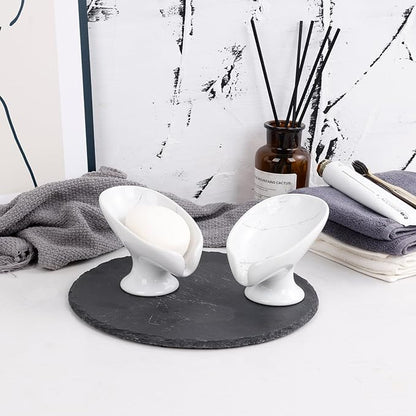Soap Dish Set, Self Draining Bar Soap Holder for Bathroom Sink, Leaf Shaped Drainage Soap Dish Ceramic Marble Porcelain Decorative Soap Dishes 2PCS, No Suction Cup, ANTIS'S HOME