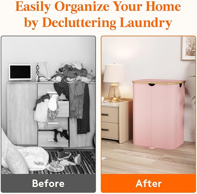 Lifewit 150L Double Laundry Hamper with Lid, Large Laundry Basket with Removable Bag & Bamboo Handles, Fodable Tall Dirty Clothes Hamper for Laundry Collapsible Bin for Bathroom Bedroom Dorm, Pink