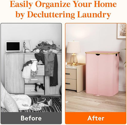 Lifewit 150L Double Laundry Hamper with Lid, Large Laundry Basket with Removable Bag & Bamboo Handles, Fodable Tall Dirty Clothes Hamper for Laundry Collapsible Bin for Bathroom Bedroom Dorm, Pink