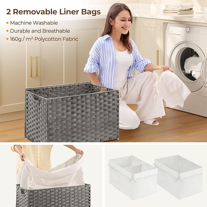 Greenstell Storage Basket with Lid, 105L Large Wicker Basket with Lid, Handwoven Blanket Storage Basket with Handles, Removable Cotton Liner, Metal Frame, Foldable for Bedroom, Laundry Room, Grey