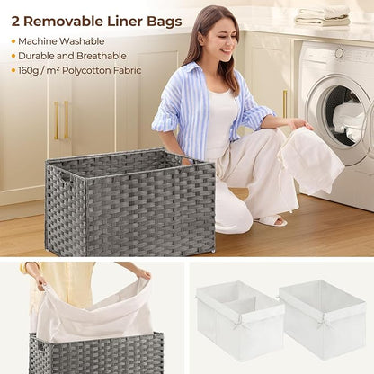 Greenstell Storage Basket with Lid, 105L Large Wicker Basket with Lid, Handwoven Blanket Storage Basket with Handles, Removable Cotton Liner, Metal Frame, Foldable for Bedroom, Laundry Room, Grey