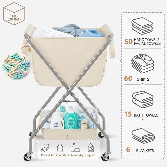 STORAGE MANIAC Collapsible Laundry Cart with Wheels 35.6"H Removable Canvas Bag Rolling Laundry Hamper Clothes Basket with Wheels, Sturdy Steel Frame Folding for Small Narrow Space Easy Storage, Beige