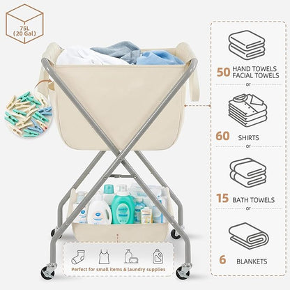STORAGE MANIAC Collapsible Laundry Cart with Wheels 35.6"H Removable Canvas Bag Rolling Laundry Hamper Clothes Basket with Wheels, Sturdy Steel Frame Folding for Small Narrow Space Easy Storage, Beige