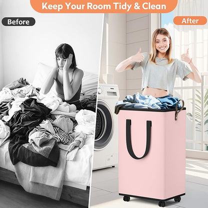 SpaceTrove Laundry Basket with Wheels, Collapsible Laundry Baskets, Laundry Hamper with Handles Detachable Wheels, Rolling Laundry Basket, Dirty Clothes Hamper for Bathroom, Dorm, Bedroom, Pink, 100L