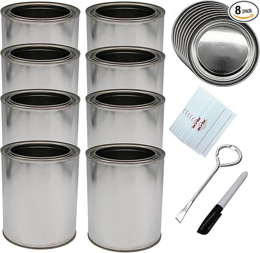 Empty Paint Cans with Lids – Quart/32 oz Unlined Containers for Paint, Solvents, Crafts & DIY, Can opener, Marker and Labels included 8 Pack