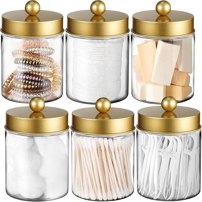 Amolliar Qtip Holder Dispenser - 8 oz Plastic Apothecary Jar Containers for Vanity Makeup Countertop Organizer Storage -Bathroom Canister Accessories Set for Cotton Swab, Ball, Pads, Floss-Gold (6)