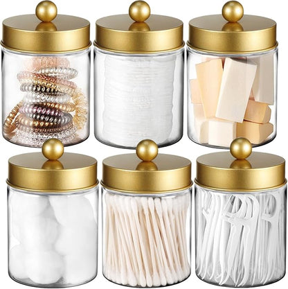 Amolliar Qtip Holder Dispenser - 8 oz Plastic Apothecary Jar Containers for Vanity Makeup Countertop Organizer Storage -Bathroom Canister Accessories Set for Cotton Swab, Ball, Pads, Floss-Gold (6)