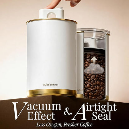 STYLED SETTINGS Vacuum Coffee Container Set – 2 Piece Coffee Jars with Lids for Beans or Grounds, White and Gold Stainless Steel Storage Canisters, Scoop & Labels Included – Coffee Gift Set