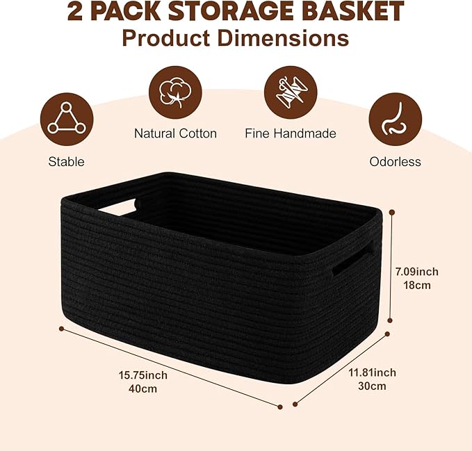 OIAHOMY Storage Basket for Shelves, Closet Cube Storage Bins Baskets for Clothes Blanket Towels, Baby Nursery, Toy Baskets Box, Woven Rope Basket, 15.75 * 11.81 * 7.09 IN, 2 Packs Black