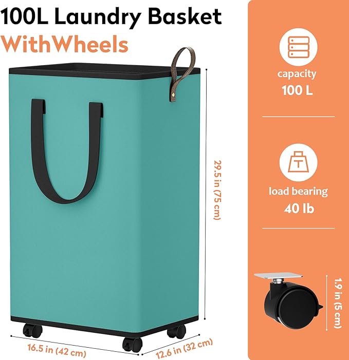 SpaceTrove Laundry Basket with Wheels, Collapsible Laundry Baskets, Laundry Hamper with Handles Detachable Wheels, Rolling Laundry Basket, Dirty Clothes Hamper for Bathroom, Dorm, Bedroom, Green, 100L