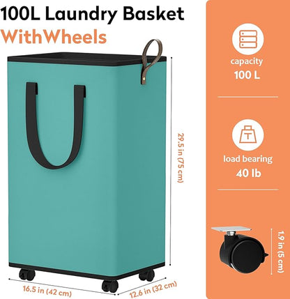 SpaceTrove Laundry Basket with Wheels, Collapsible Laundry Baskets, Laundry Hamper with Handles Detachable Wheels, Rolling Laundry Basket, Dirty Clothes Hamper for Bathroom, Dorm, Bedroom, Green, 100L