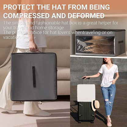 FAYYGYH Cowboy Hat Box 2Pcs Square Caps Case Bin with Handles Carry Collapsible Stackable for Travel Closet Organizers and Storage (Grey)