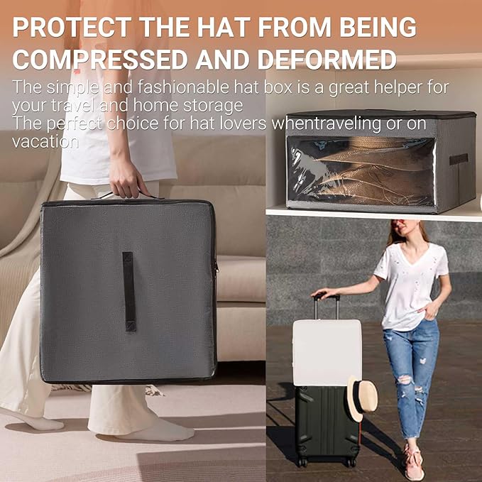 FAYYGYH Cowboy Hat Box 2Pcs Square Caps Case Bin with Handles Carry Collapsible Stackable for Travel Closet Organizers and Storage (White)