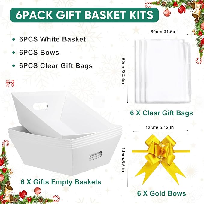 AFOROEOA 6PACK Baskets For Gifts Empty, 10x12”Thick White Gift Basket with 6 Bows 6 Bags Empty Gift Baskets for Christmas, Valentine’s Day, Easter, Birthdays, Valentine’s Day Wrapping Gift