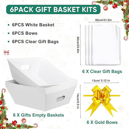 AFOROEOA 6PACK Baskets For Gifts Empty, 10x12”Thick White Gift Basket with 6 Bows 6 Bags Empty Gift Baskets for Christmas, Valentine’s Day, Easter, Birthdays, Valentine’s Day Wrapping Gift