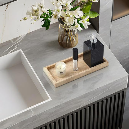 Real Natural Travertine Tray for Bathroom, Vanity, Kitchen and Desktop, Rectangle Genuine Marble Stone Tray for Jewelry, Cosmetics, Candles, Lotion, Perfume and Home Decor, 12"x5" Size