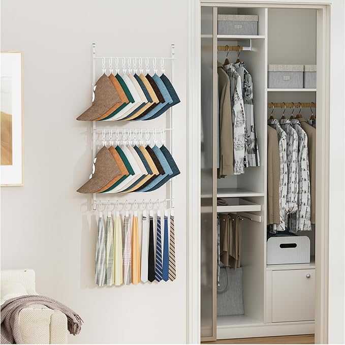 HapiRm Over Door Hat Rack - 3 Tier Wall Mounted Hat Organizer with 30 Movable Clips, Baseball Cap Organizer Storage Holds up to 30 Caps for Door, Bedroom, Closet