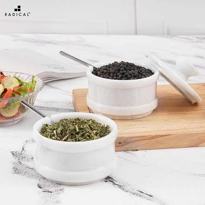 Radicaln Handmade Marble White 5.5” Dual Salt Cellar & Brown Sugar Keeper – 2.3” Each Herb Jar Salt Dish Kitchen Accesorries – Ideal For Jewelry, Butter, Sugar & Home Décor