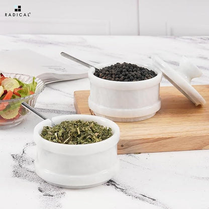 Radicaln Handmade Marble White 5.5” Dual Salt Cellar & Brown Sugar Keeper – 2.3” Each Herb Jar Salt Dish Kitchen Accesorries – Ideal For Jewelry, Butter, Sugar & Home Décor