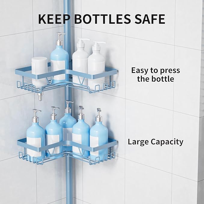 KEGII Shower Caddy Tension Pole, 4-Tier Rustproof Adjustable Corner Bathroom Organizer for Renters, 25–114.2 Inch No Drill Space-Saving Shower Storage Rack, Blue