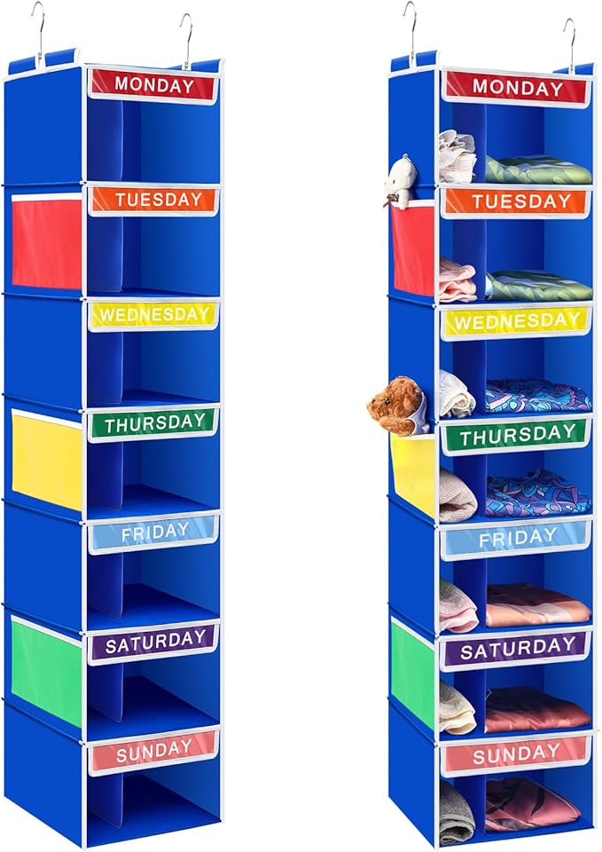 2 Pcs 7 Shelf Weekly Clothes Organizer for Kids Double Grid Hanging Closet Organizer 11. 8 x 11. 8 x 50 Inches Daily Activity Kids Clothes Storage Drawers Cube Closet Hanging Shelves