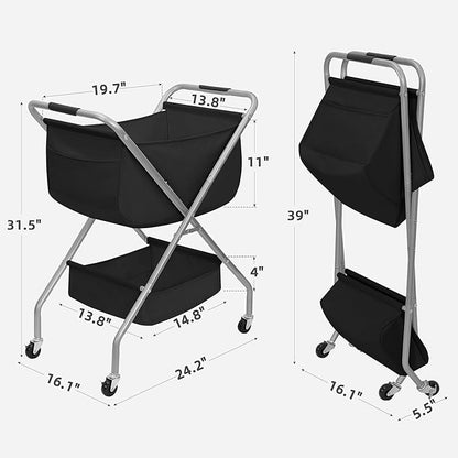 STORAGE MANIAC Collapsible Laundry Cart with Wheels 31.5"H Rolling Laundry Hamper Clothes Basket with Wheels, Canvas Liner Sturdy Steel Frame Folding for Small Narrow Space Easy Storage, Black