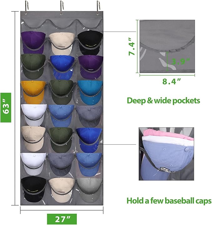 Dofilachy Hat Rack - Hat Organizer - Hat Racks for Baseball Caps, Visible Hat Holder - Baseball Cap Rack for Wall Door with 3 Hooks, 24 Deep Pockets (Dark grey, 1 pack)