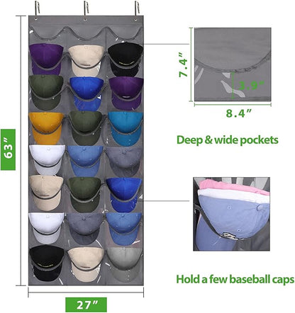 Dofilachy Hat Rack - Hat Organizer - Hat Racks for Baseball Caps, Visible Hat Holder - Baseball Cap Rack for Wall Door with 3 Hooks, 24 Deep Pockets (Dark grey, 1 pack)
