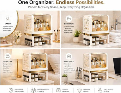 Makeup Organizer with Drawers, Large Acrylic Dustproof Cosmetic Storage Box with Lid, 2-Layer Vanity Organizer for Skincare, Perfume & Bathroom Countertop (28.5 × 20 × 38 cm)