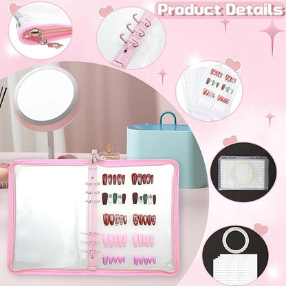 Press On Nail Storage Organizer with 4 Insert Pages - A5 Size Portable False Nail Storage Box for Collecting and Organizing Tips with Tape and Zipper Pocket (Pink)
