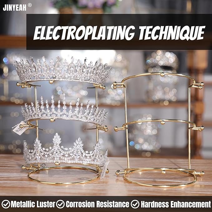Crown Display【Electroplating Metal Luster】 Crown Holder Tiara Display 3-Tier Bridal Crown Display Stand Crown Storage Organizer Jewelry Holder for Women Girls Wedding Home Shop Store
