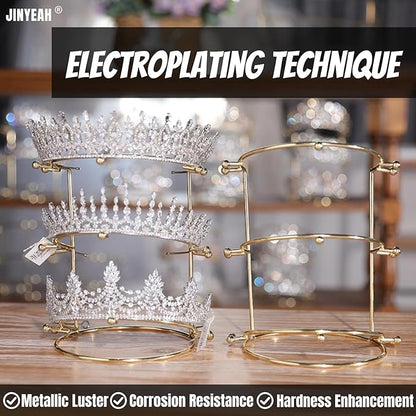 Crown Display【Electroplating Metal Luster】 Crown Holder Tiara Display 3-Tier Bridal Crown Display Stand Crown Storage Organizer Jewelry Holder for Women Girls Wedding Home Shop Store