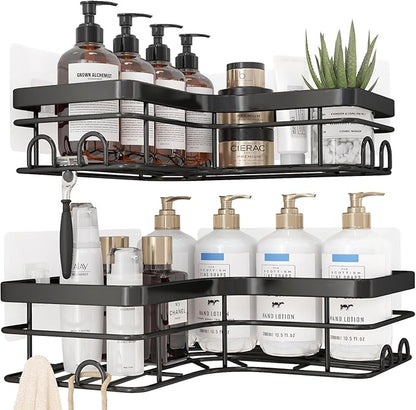 Sakugi Corner Shower Caddy - 2 Pack, Adhesive Shower Organizers, Rustproof Stainless Steel Shower Shelves with 8 Hooks, No Drilling Bathroom Organizers and Storage Racks, Space-Saving, Black, X-Large