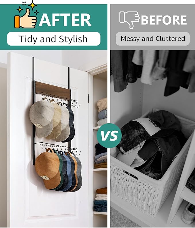FANGSUN 2-Tier Over the Door Hat Rack with 20 Movable Hooks – Wall Mounted Hat Organizer for Baseball Cap Storage, Cap Holder Gifts for Men Dad, Christmas Presents