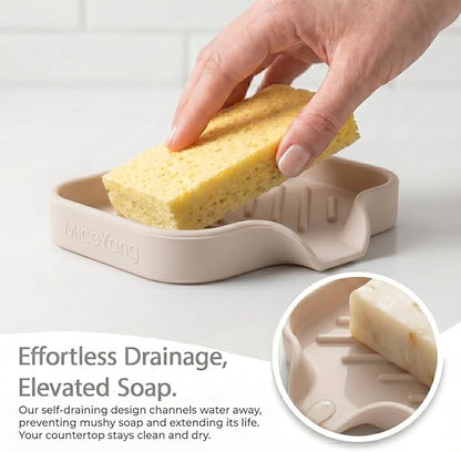 MicoYang Silicone Bathroom Soap Dishes with Drain Spout-Bathroom and Kitchen Sink Organizer,Sponge Holder,Dish Soap Tray,Perfect for Dispenser,Scrubber,Bottle,Cup on Sink or Counter-Tapioca 4.9"×3.2"