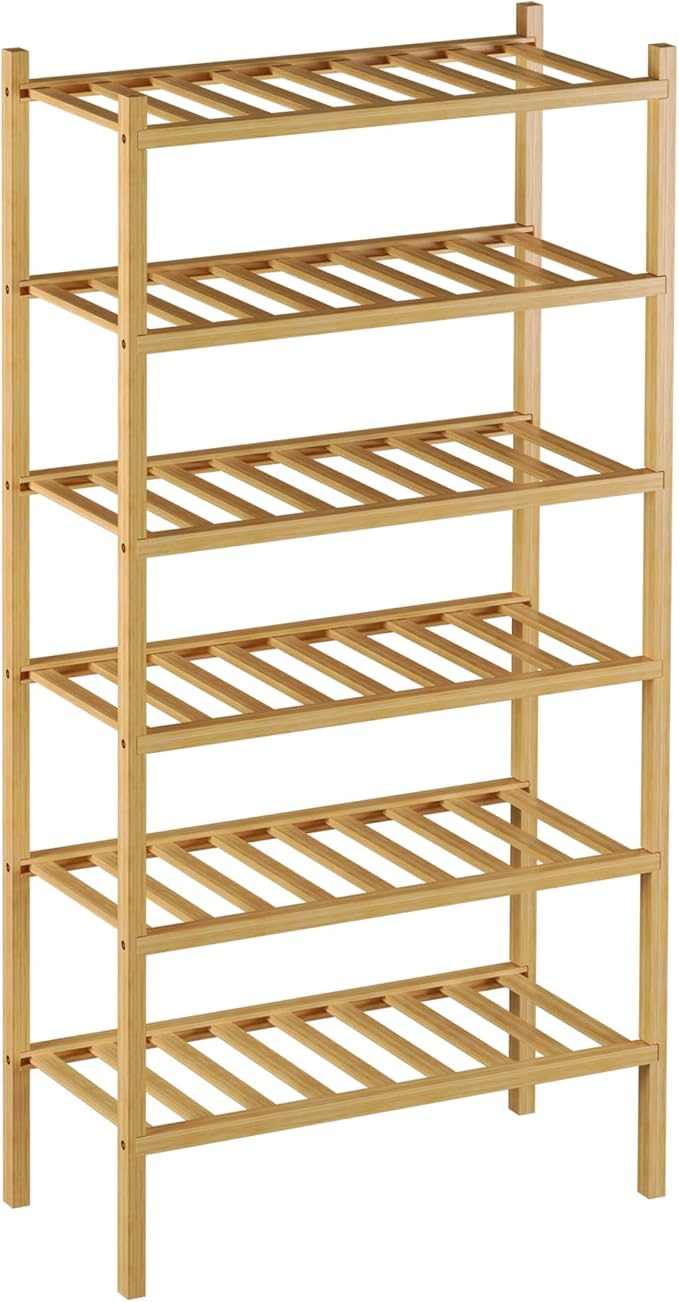 ROMGUAR CRAFT 6-Tier Bamboo Small Shoe Rack, Free Standing Wood Shoe Shelf Storage Organizer for Closet Entryway Stackable (Natural)