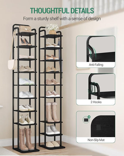 Hzuaneri Vertical Shoe Rack, Shoe Shelves, Wood Shoe Organizer for Closet, Entryway, Shoe Tower for Small Spaces, Free Standing, Adjustable, with 2 Hooks, 10 Tier Black SR11204B