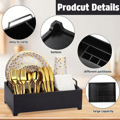 LemonRoad Wood Paper Plate Dispenser Rustic Silverware Utensil Caddy Cutlery Flatware Organizer with Handles 6 Compartments for Countertop Party Picnic Camping Buffet Kitchen Accessories(Black)