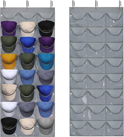 Dofilachy Hat Rack - Hat Organizer - Hat Racks for Baseball Caps, Visible Hat Holder - Baseball Rack for Wall Door with 3 Hooks, 24 Deep Pockets