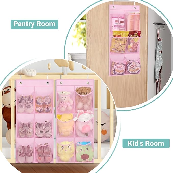 KIMBORA 2 Packs Narrow Kids Over the Door/Wall Shoe Organizer Small Baby Hanging Shoe Rack for Closet with Clear Mesh Pocket Shoe Storage for Toddler Girl Bedroom, Bathroom, RV, Pantry, Camping (Pink)