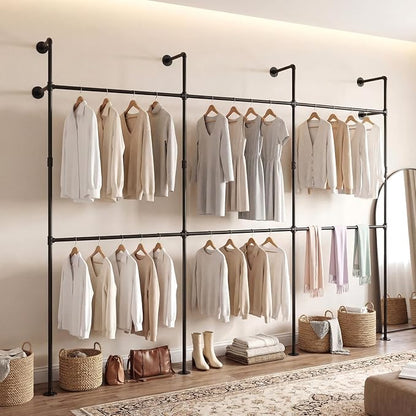 Giantex Industrial Pipe Clothing Rack, 118" Wall Mounted Heavy-Duty Metal Garment Organizer with 6 Hanging Rods, 2-Tier Walk-in Closet System for Wardrobe Closet, Retail Display