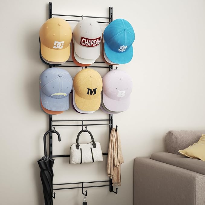 SWTYMIKI Over Door Hat Organizer - 4 Tier Metal Adjustable Wall Mounted Hat Rack with 12 Hooks Design, Hanging Baseball Cap Organizer Storage Holds up to 36 Caps for Door, Bedroom, Closet